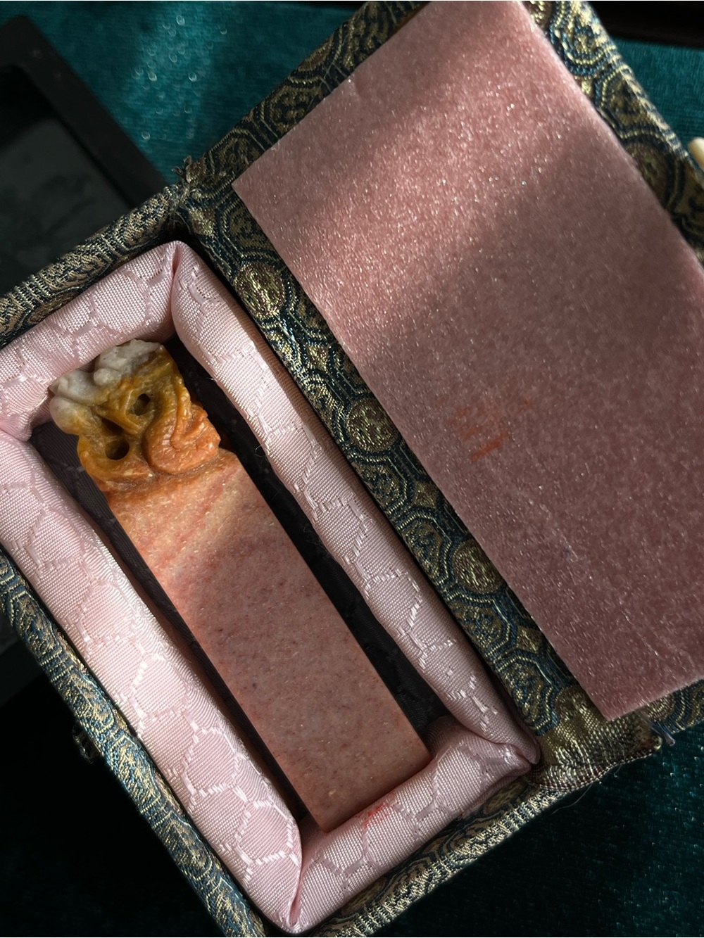 Carved Pink Stone Seal with Intricate Dragon Top & Case